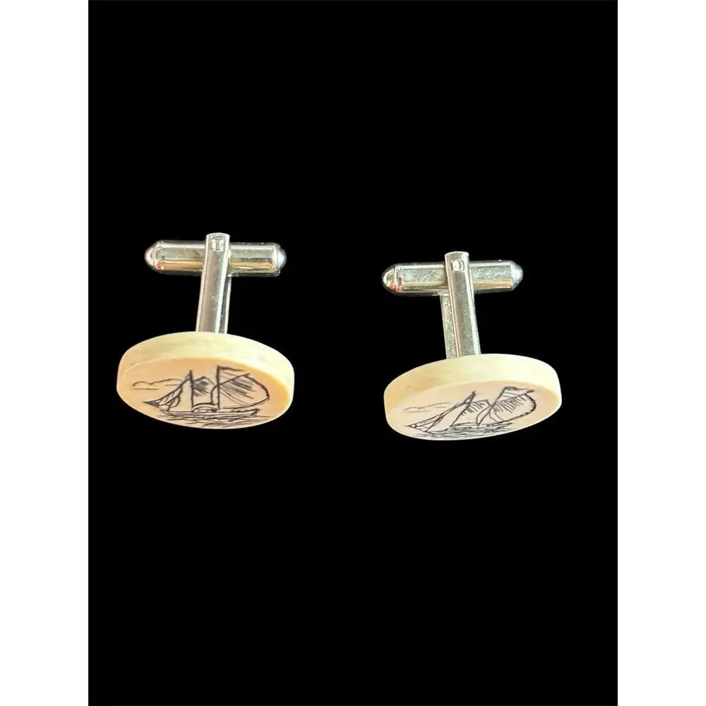 Scrimshaw Cufflinks Maritime Sailing Clipper Ship